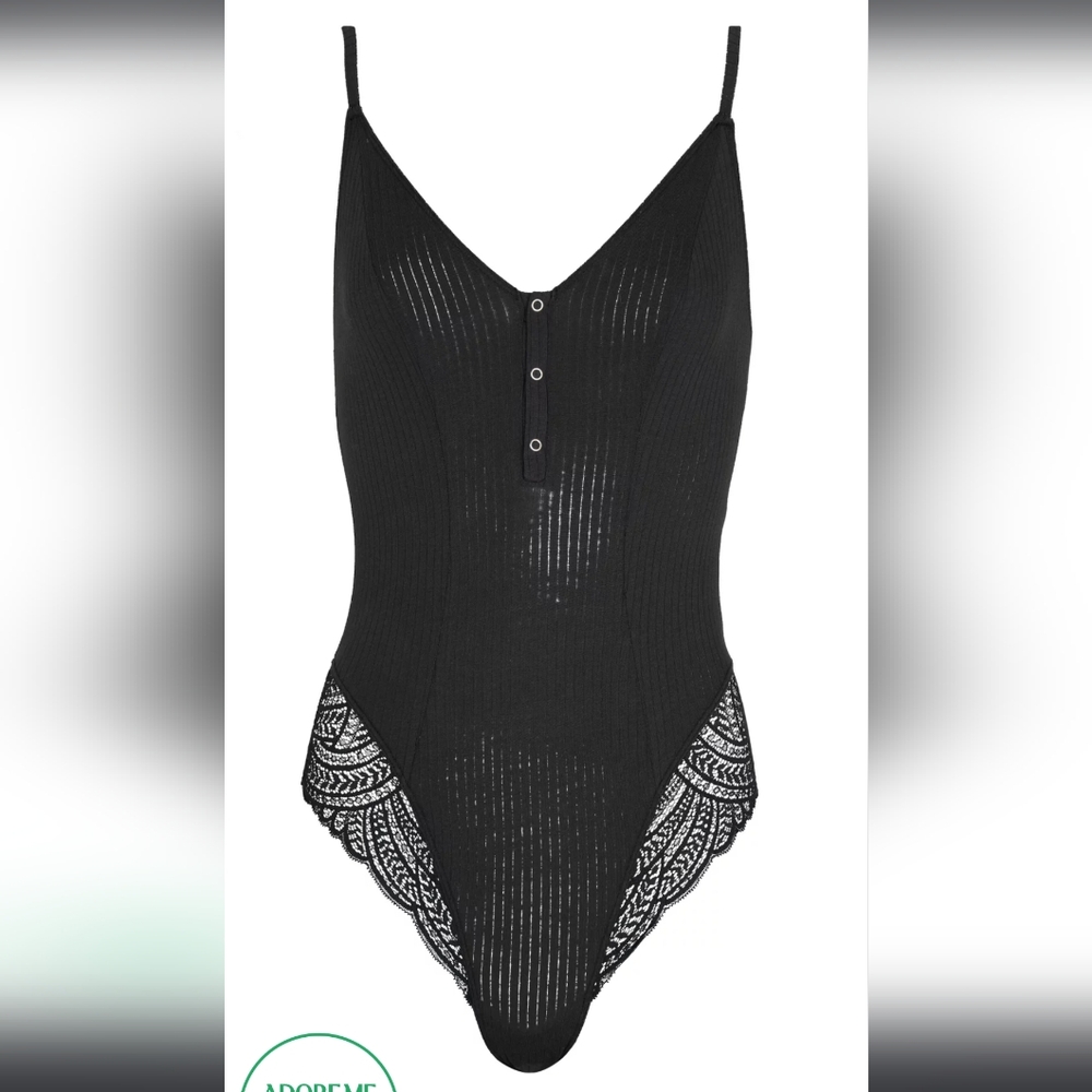 Adore Me NWT Emilia Size L SOLD OUT Black w/Silver Metallic Stripes One Piece